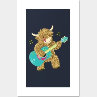 Cute Scottish Highland Cow Plays Guitar Posters and Art